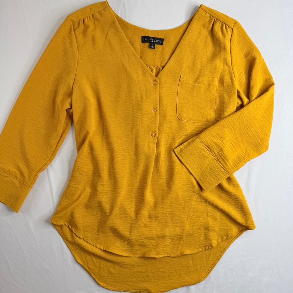 Fred David Womens Mustard‎ Yellow V-Neck 3/4 Sleeve Blouse D2U040RM Top Medium